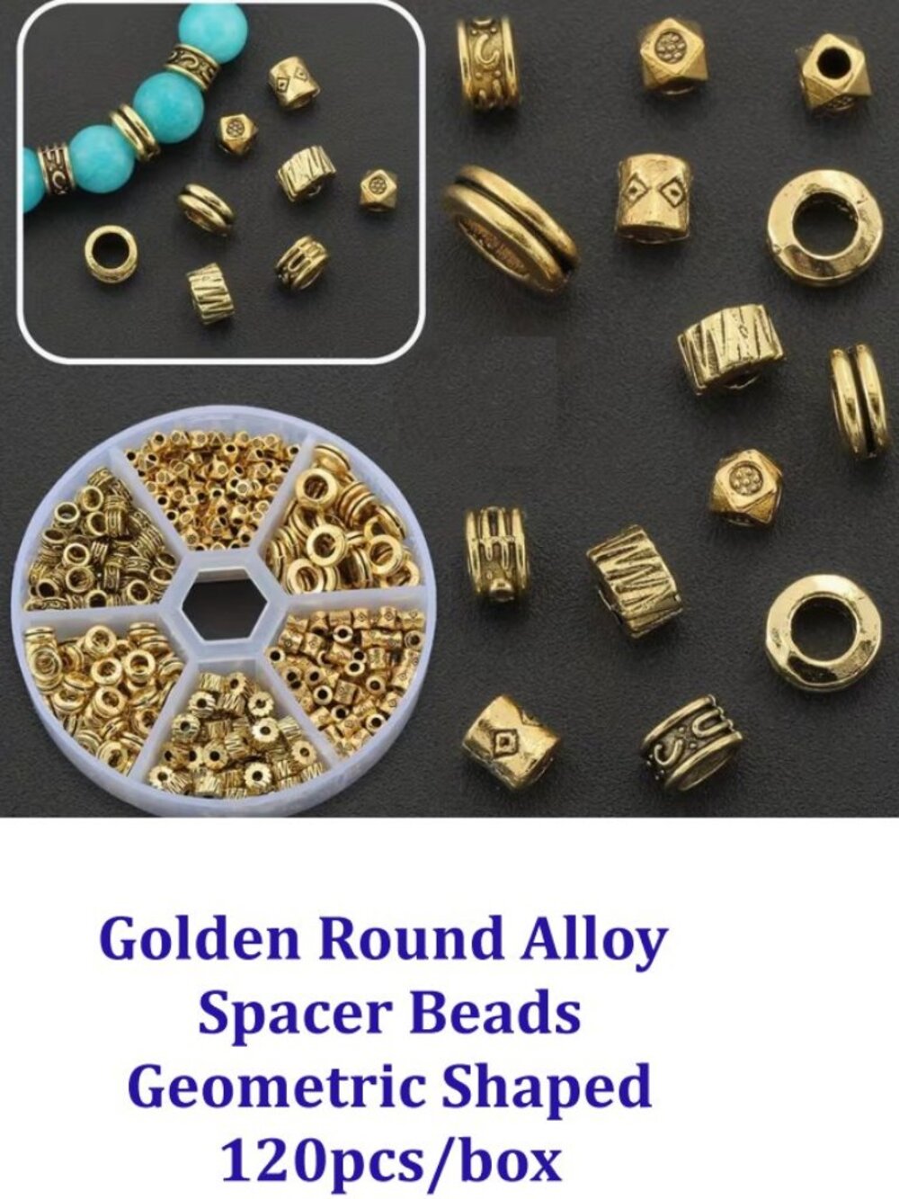 Golden Round Alloy  Spacer Beads Geometric Shaped 120pcs/box